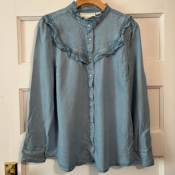 Anthropologie Maeve Ruffle Chambray Top - Picture 4 of 10